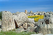 Selinunte the temple hill. Temple ruins crushed to the ground, like a fantastic work of art 